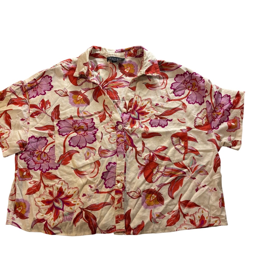 Laundry by Shelli Segal Floral Linen Blend Button Down Top L1WS4047 Cream Large